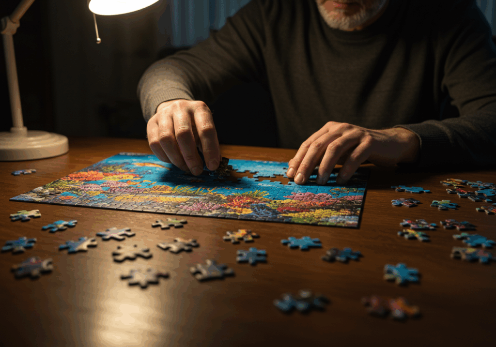 パズルのピースがなかなかはまらずに悩んでいる人の手元。いくつかのピースは散らばっている。