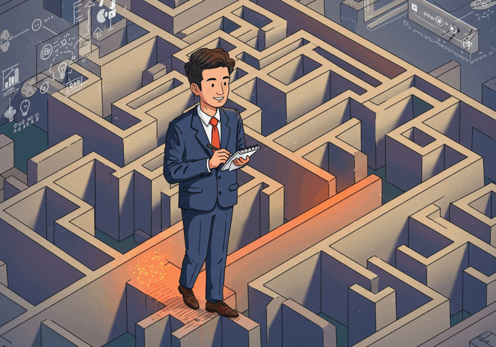失敗を恐れず、笑顔で新しいことに挑戦しているビジネスパーソンのイラスト