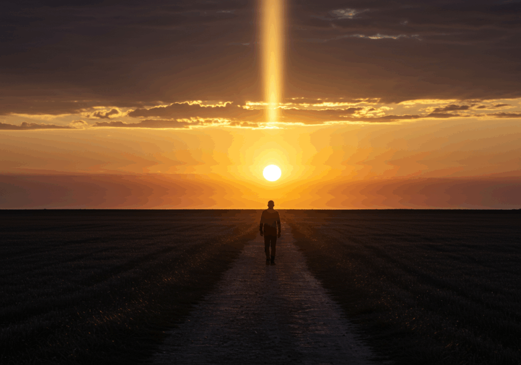 広大な地平線に向かって歩き出す一人の人物。背後には夕日が沈み、前途には希望の光が差し込んでいる画像